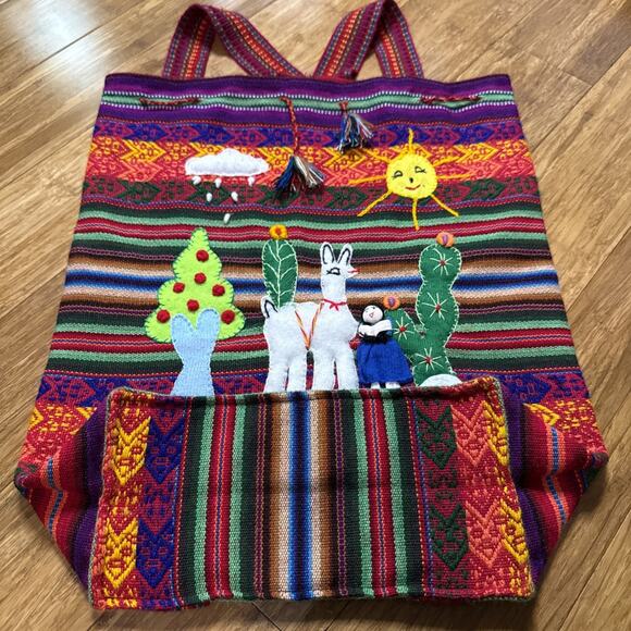 Peruvian Handwoven Tapestry Alpaca Wool Drawstring Large Colorful Backpack 16” - Picture 10 of 13